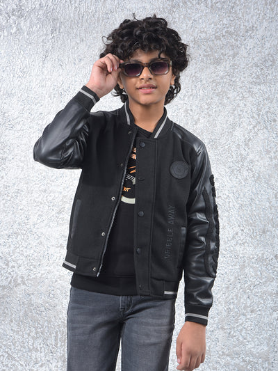 Black Typographic Print Varsity Jacket