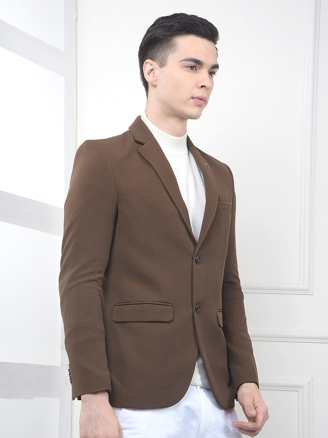 Brown Textured Notched Lapel Single Breasted Blazer