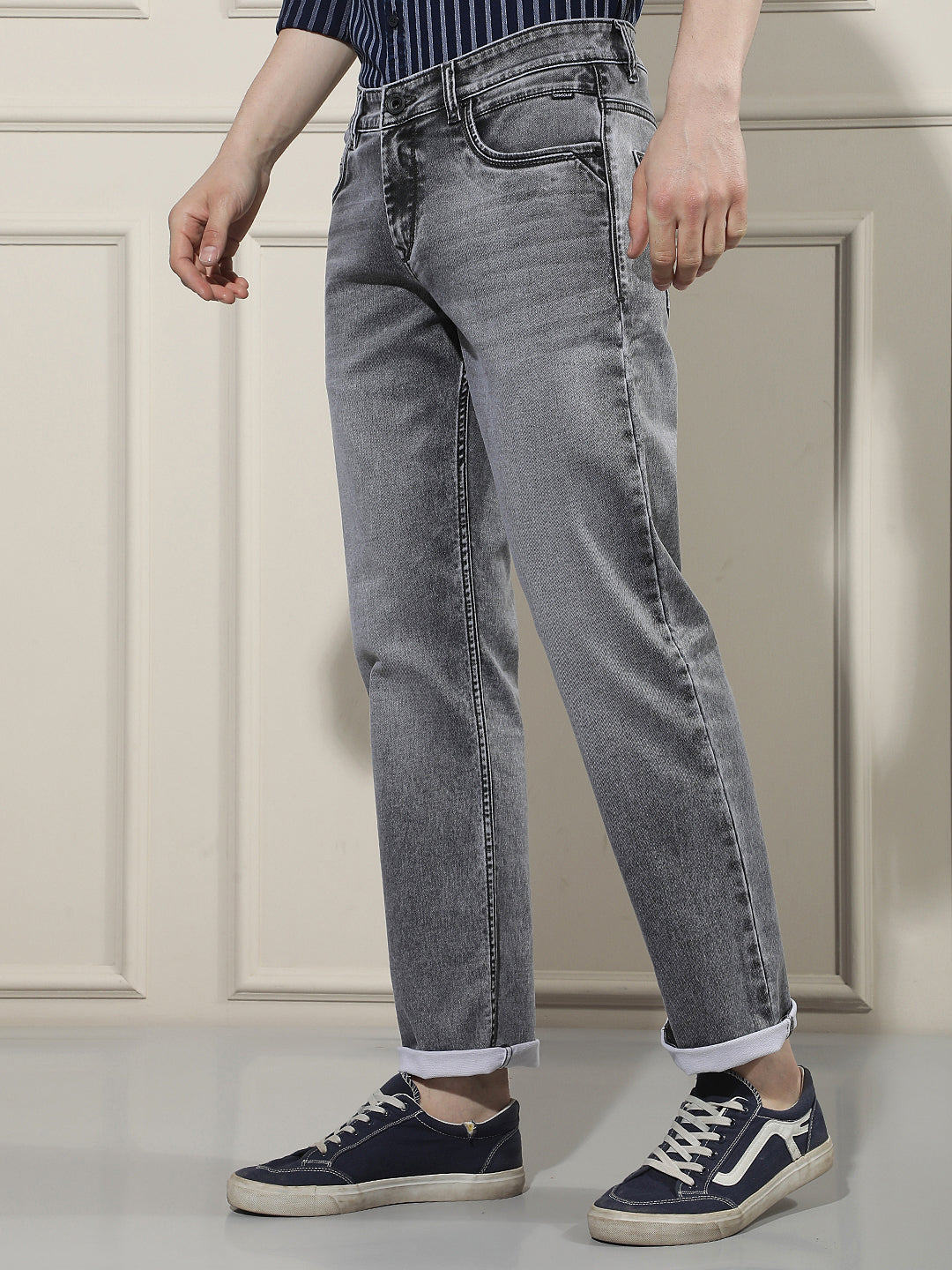 Grey Cotton Straight Jeans