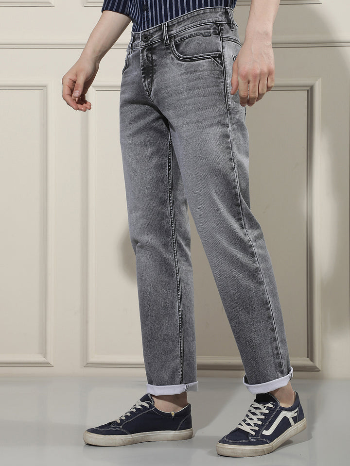 Grey Cotton Straight Jeans