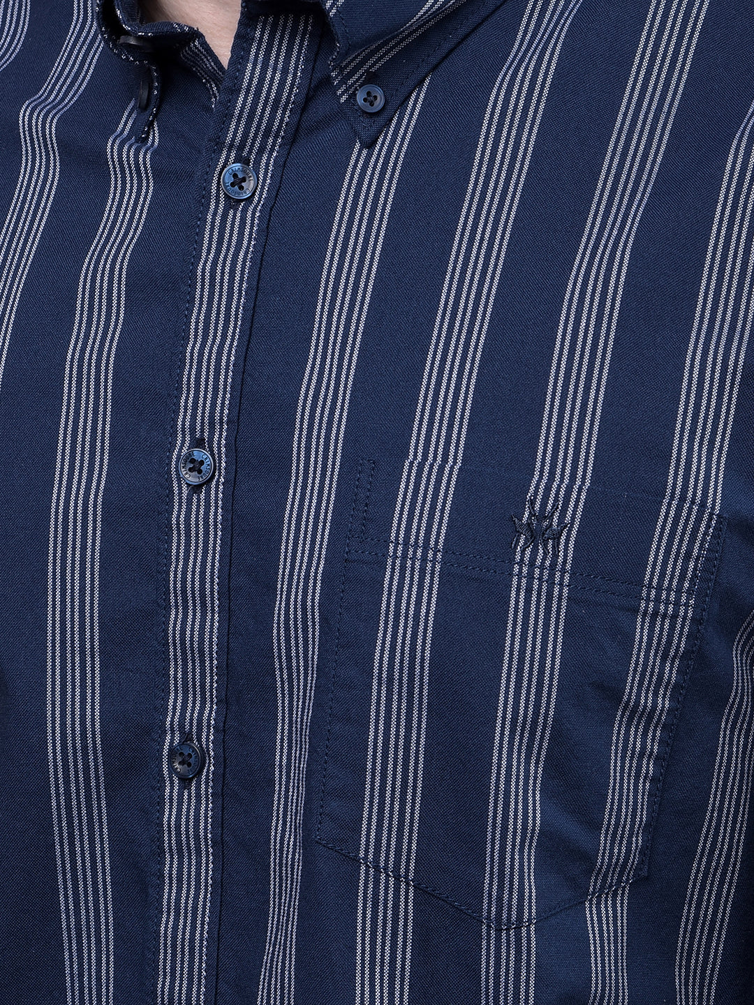 Navy Blue Vertical Stripes Button-Down Collar 100% Cotton Shirt