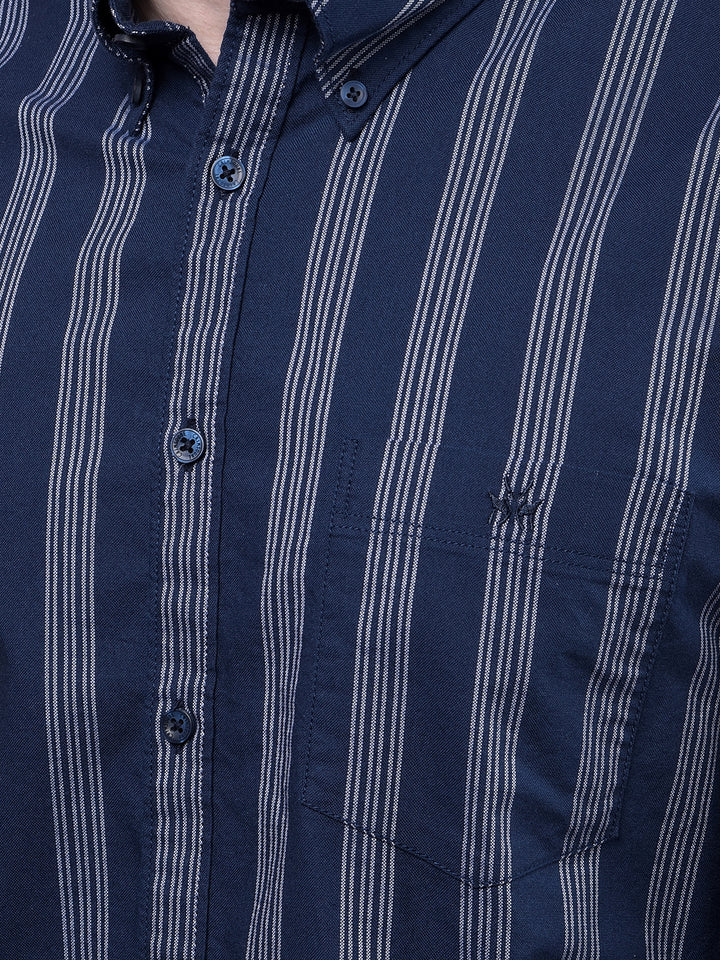 Navy Blue Vertical Stripes Button-Down Collar 100% Cotton Shirt