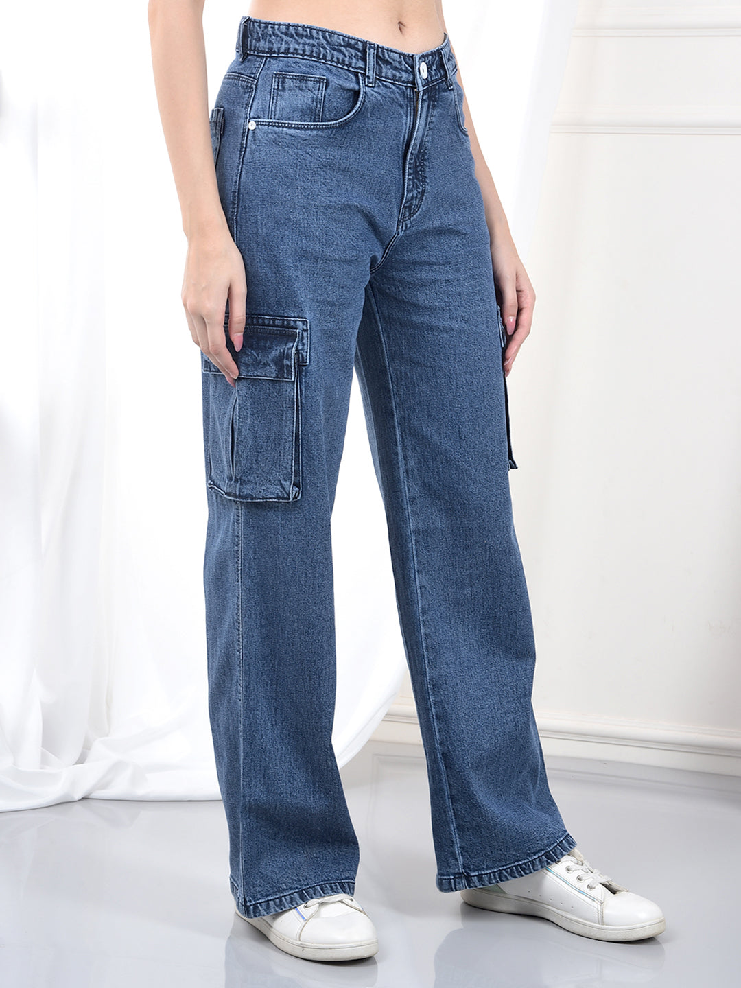 Blue Wide Leg 100% Cotton Cargo Jeans