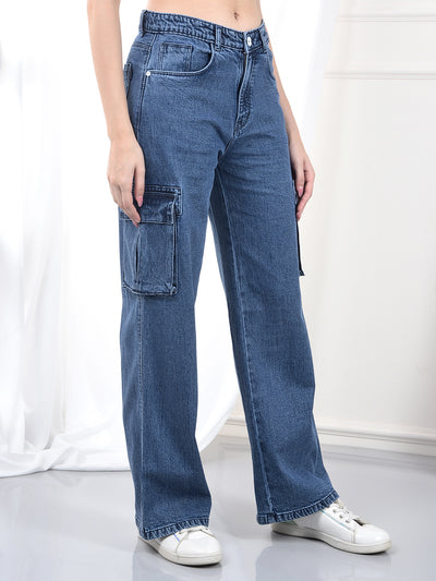 Blue Wide Leg 100% Cotton Cargo Jeans