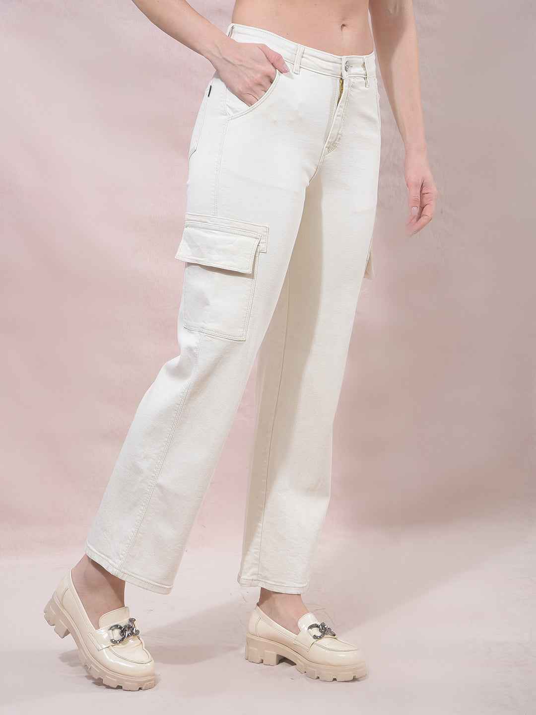 Beige Wide Leg Cargo Jeans