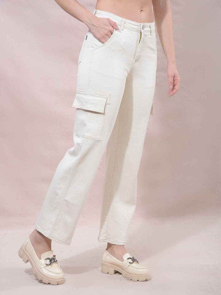 Beige Wide Leg Cargo Jeans