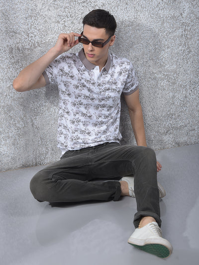 White Floral Print Polo Neck T-Shirt