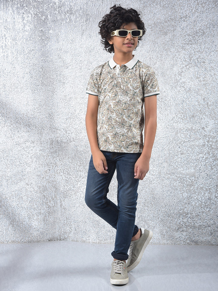 Beige Floral Print Polo Neck T-Shirt