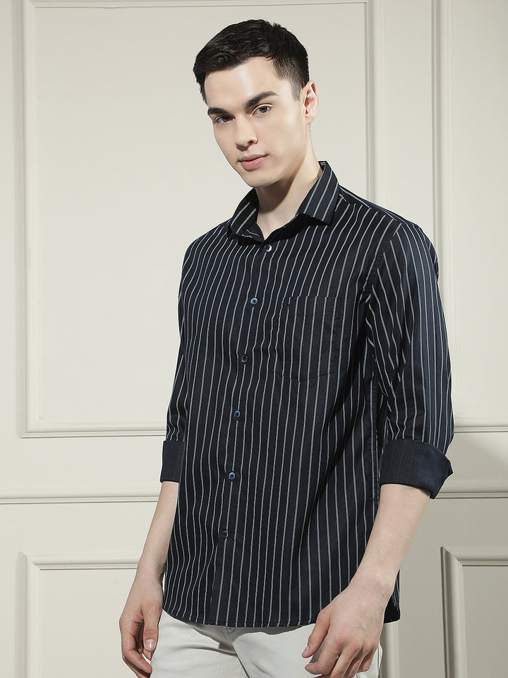 Navy Blue Vertical Striped Shirt