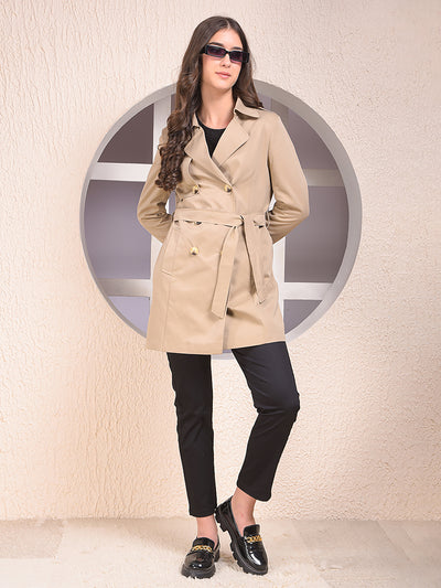 Khaki Notched Lapel Double-Breasted Overcoat With Belt