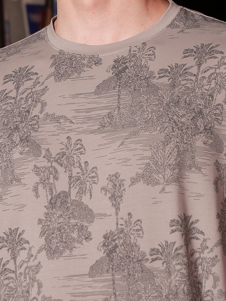 Olive Round Neck Tropical Printed T-Shirt