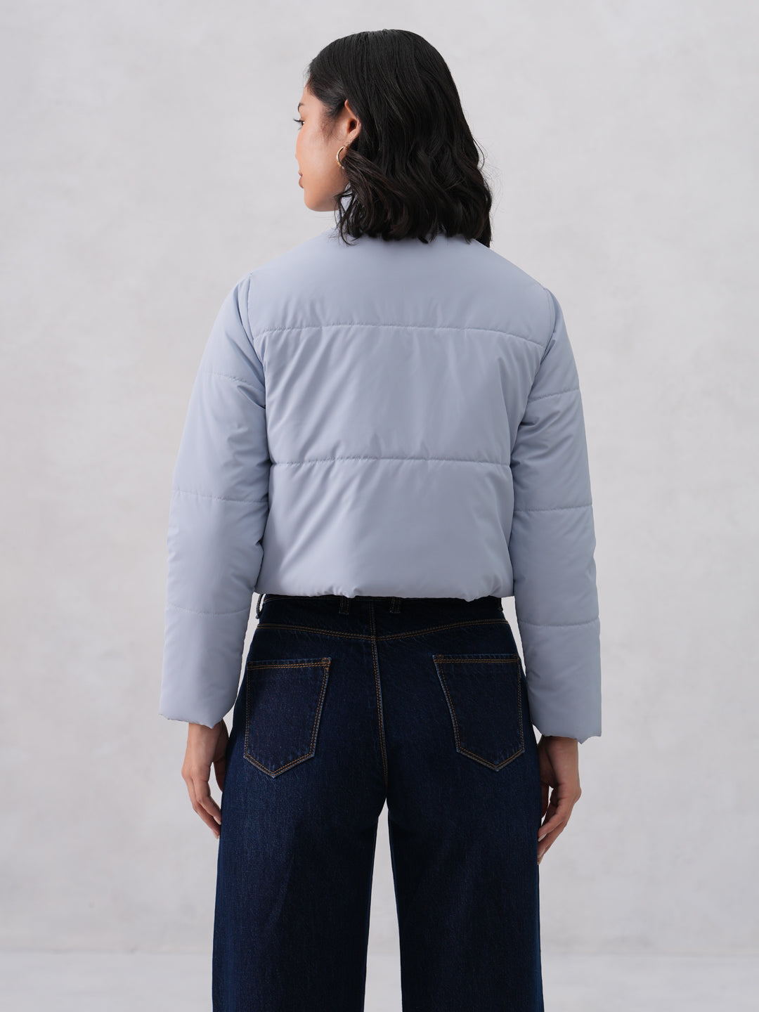 Blue Cropped High-Neck Puffer Jacket