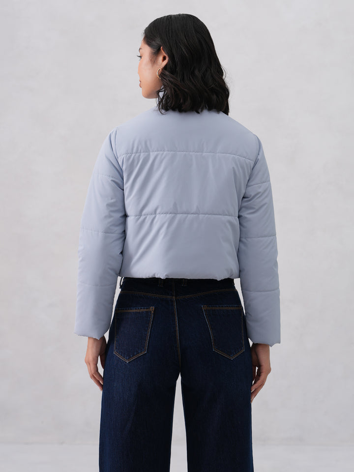 Blue Cropped High-Neck Puffer Jacket