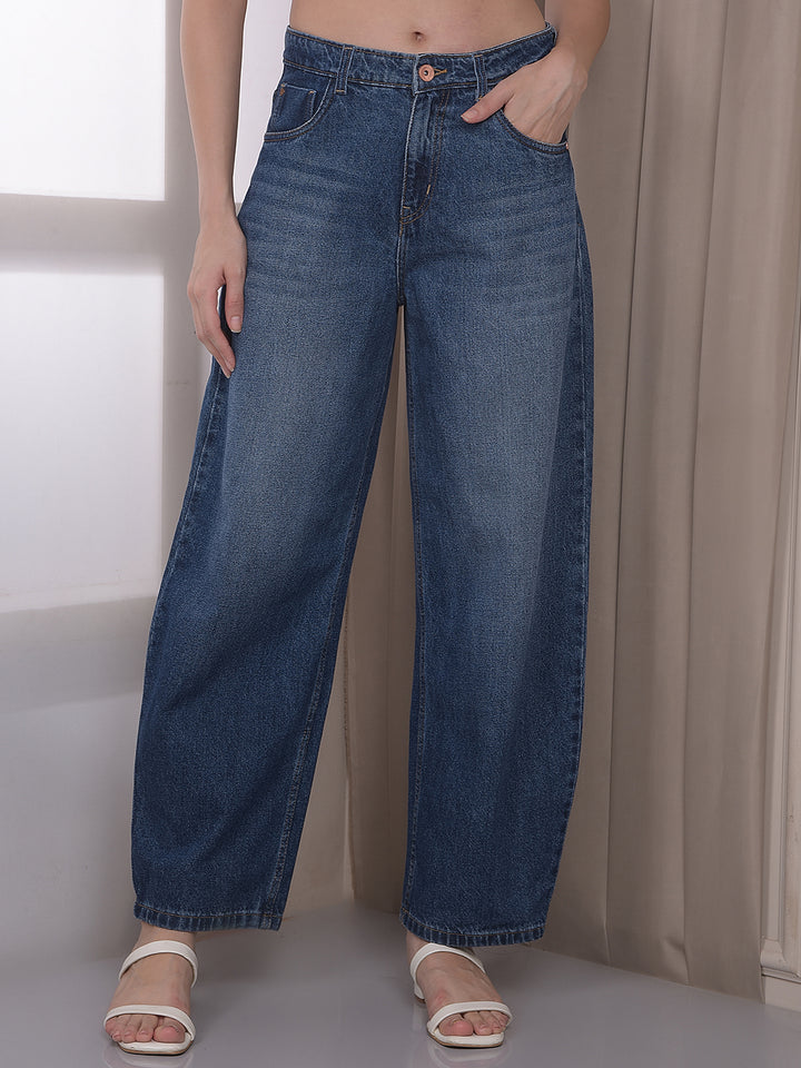 Blue 100% Cotton Barrel Fit Jeans