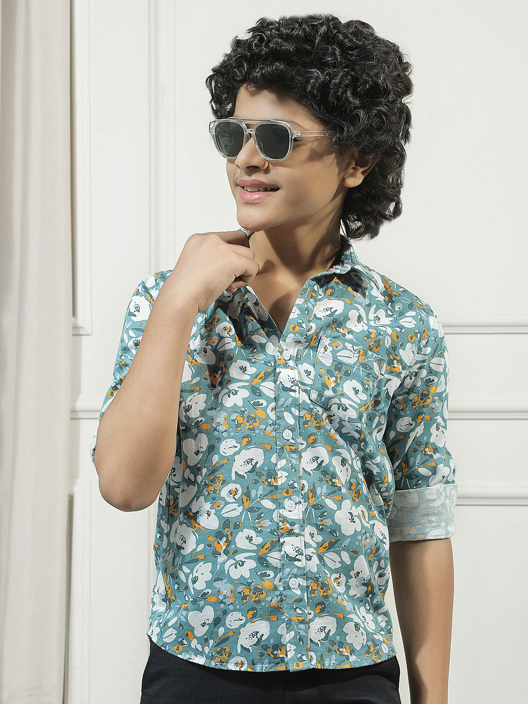 Teal Green Floral Print Shirt
