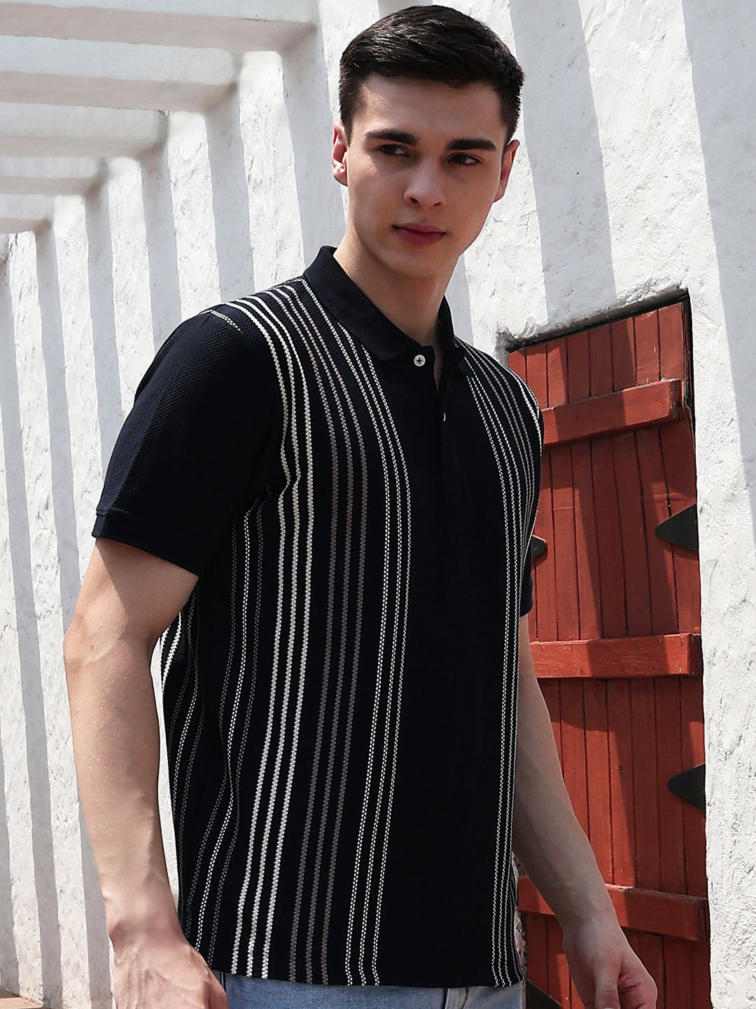 Navy Blue Vertical Striped Polo Neck T-Shirt
