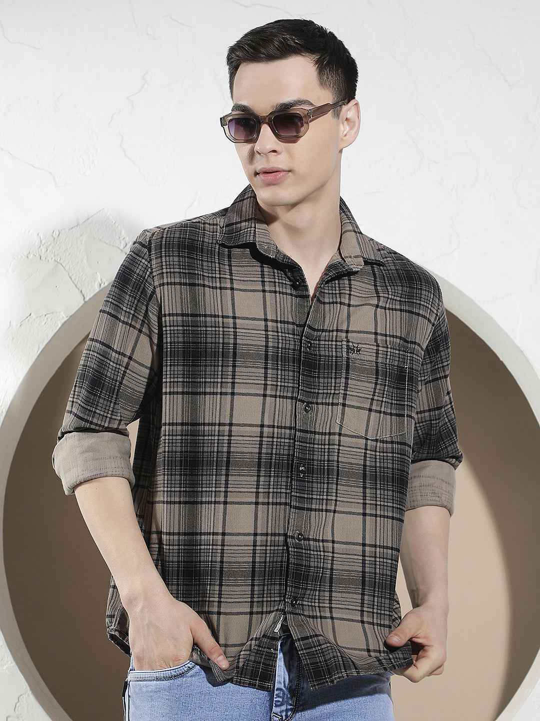 Grey Checked 100% Cotton Corduroy Shirt