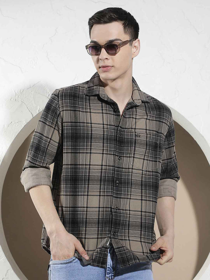 Grey Checked 100% Cotton Corduroy Shirt