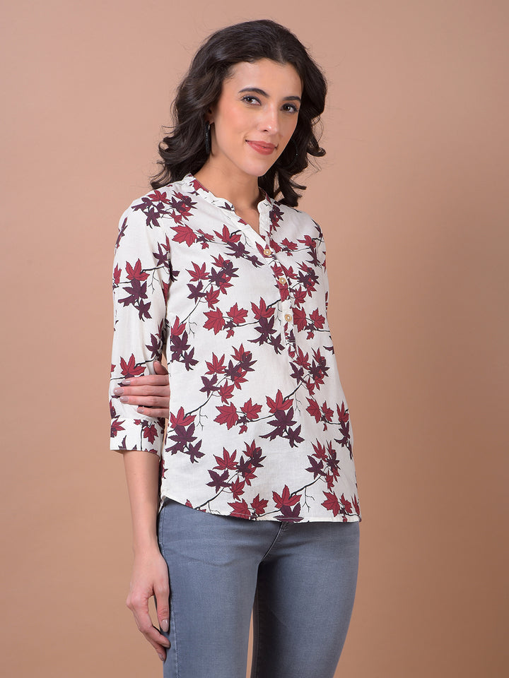 White Floral Print V-Neck Linen Top