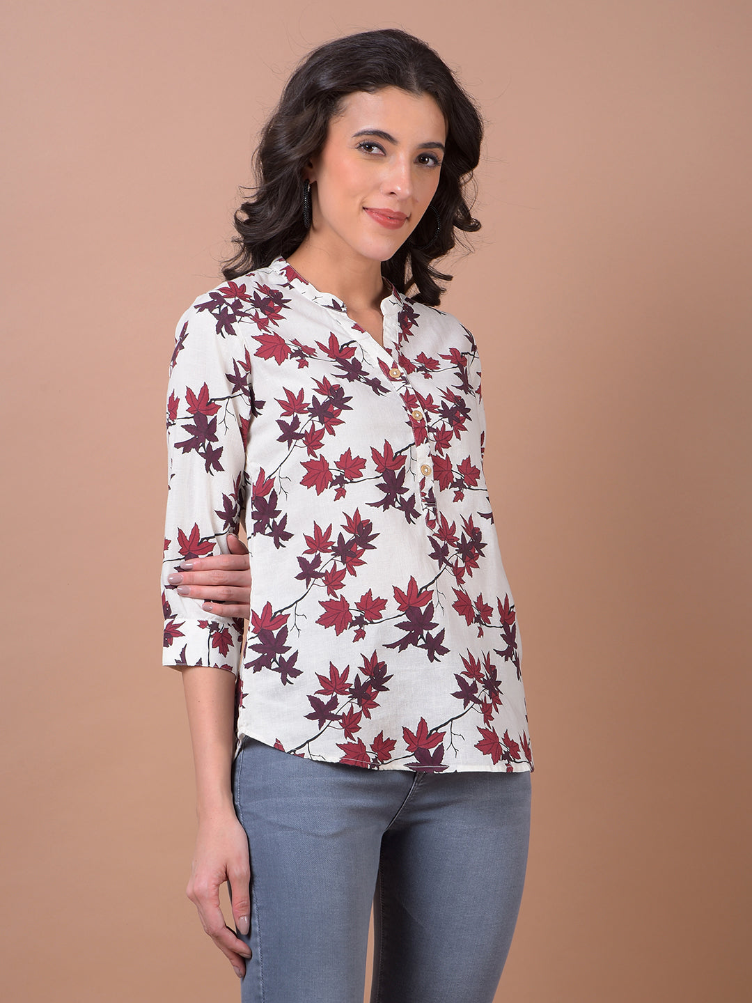 White Floral Print V-Neck Linen Top