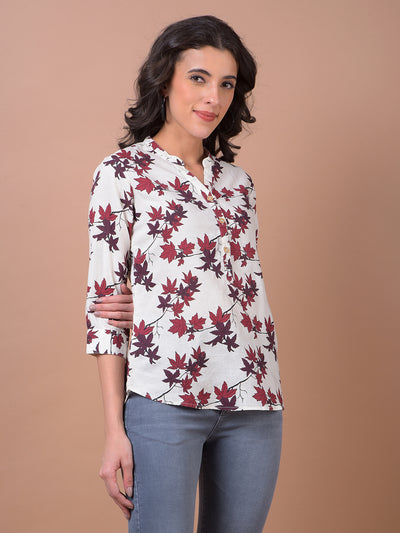 White Floral Print V-Neck Linen Top