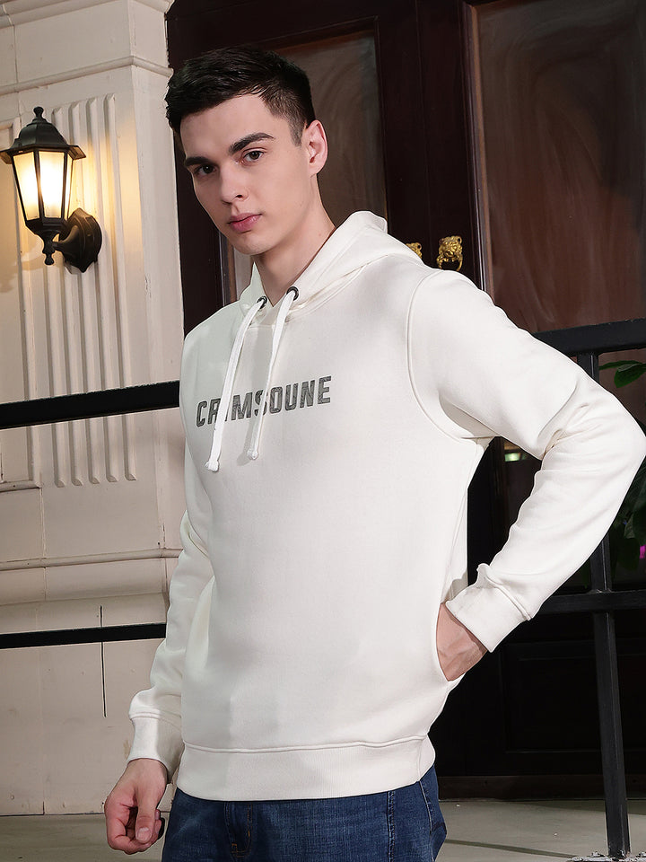 Off White Typographic Print Hooded Neck Sweatshirt