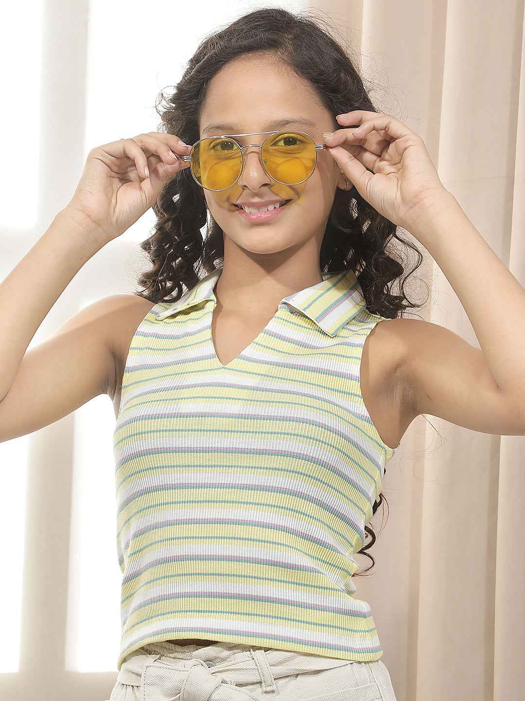 Yellow Horizontal Stripes Sleeveless T-Shirt