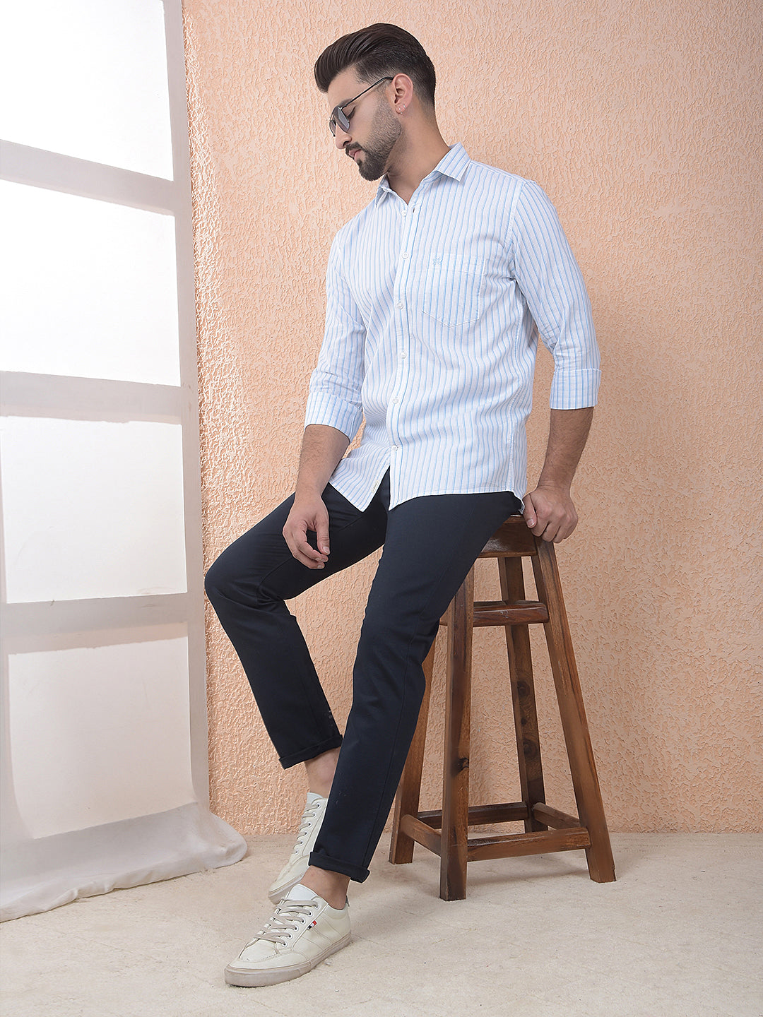 Blue Vertical Striped 100% Cotton Shirt