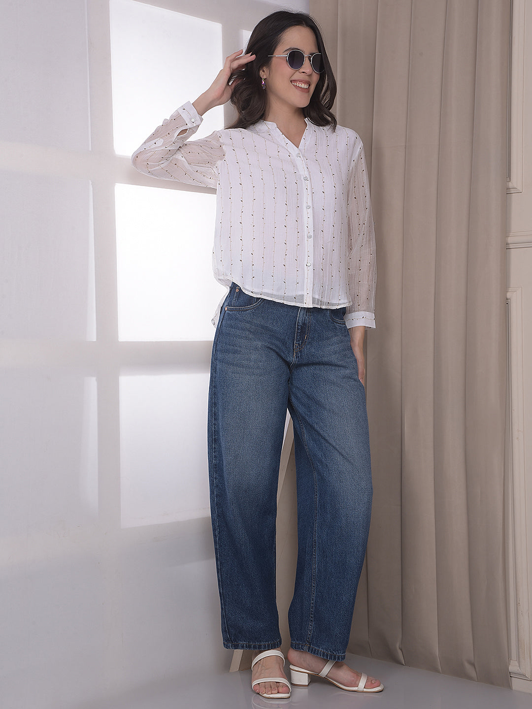 White Botanical Print V-Neck Top