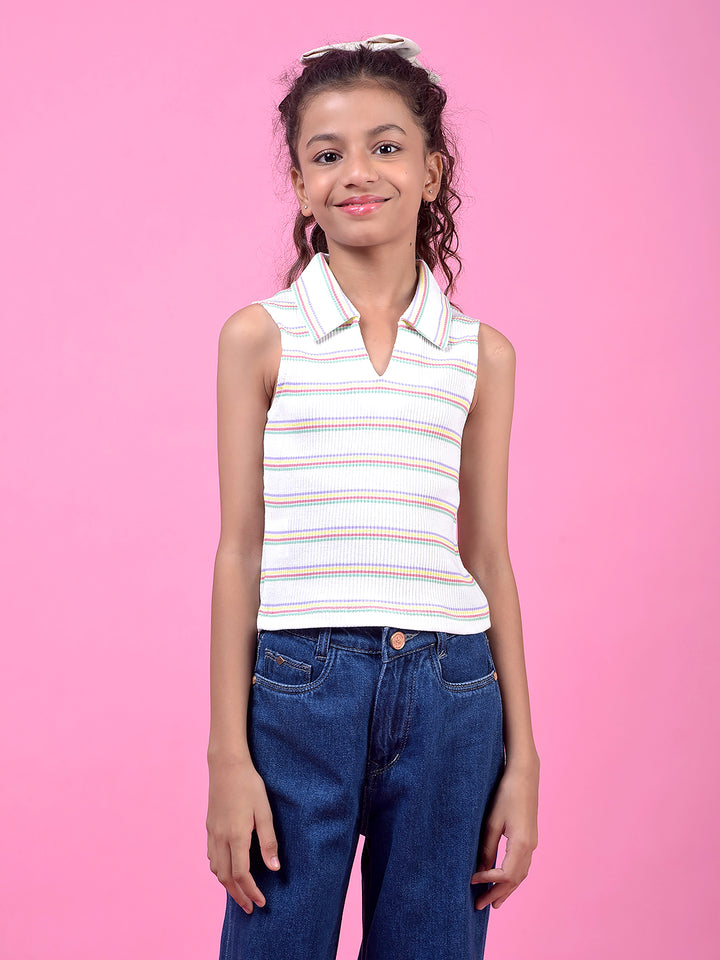 White Horizontal Stripes V-Neck Sleeveless Cropped T-Shirt