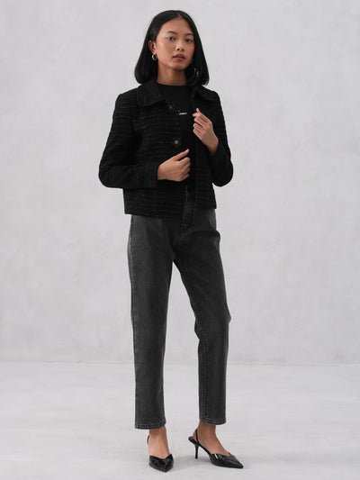 Midnight Textured Black Jacquard Coat