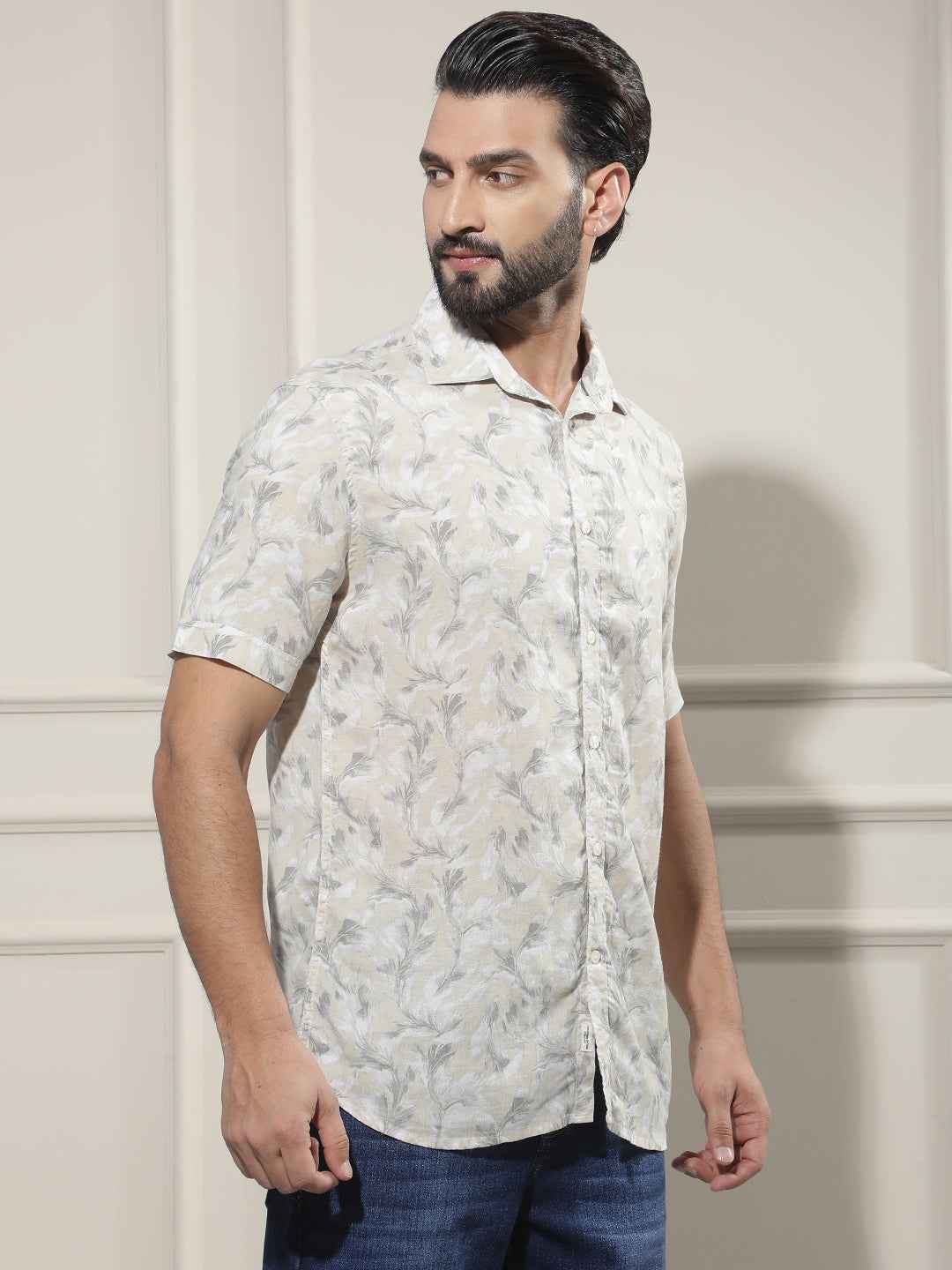 Grey Floral Print Linen Shirt