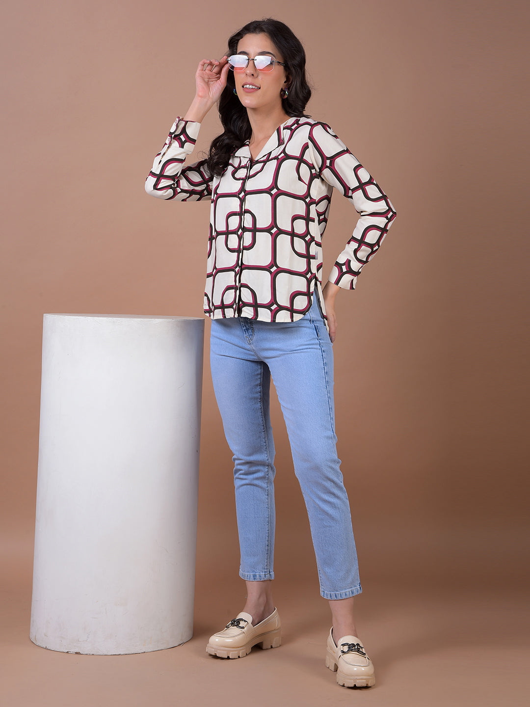 White Printed V-Neck Shirt