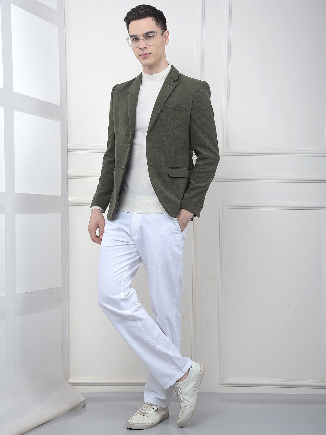 Olive Jacquard Notched Lapel Single-Breasted Blazer