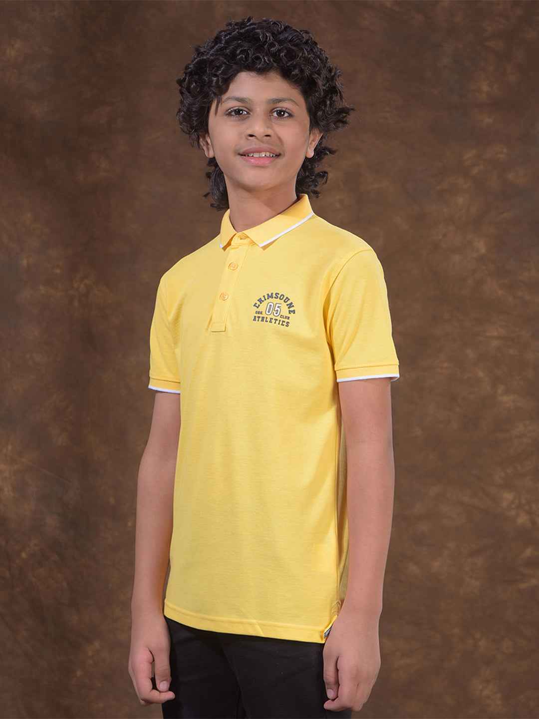 Yellow Typographic Print Polo Neck T-Shirt