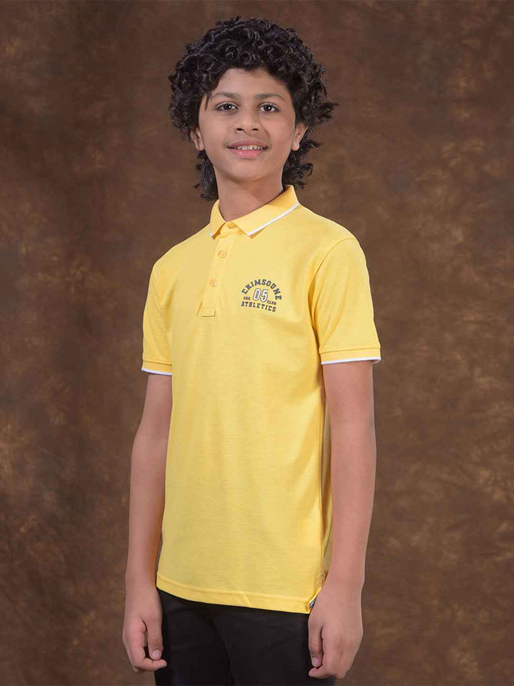 Yellow Typographic Print Polo Neck T-Shirt