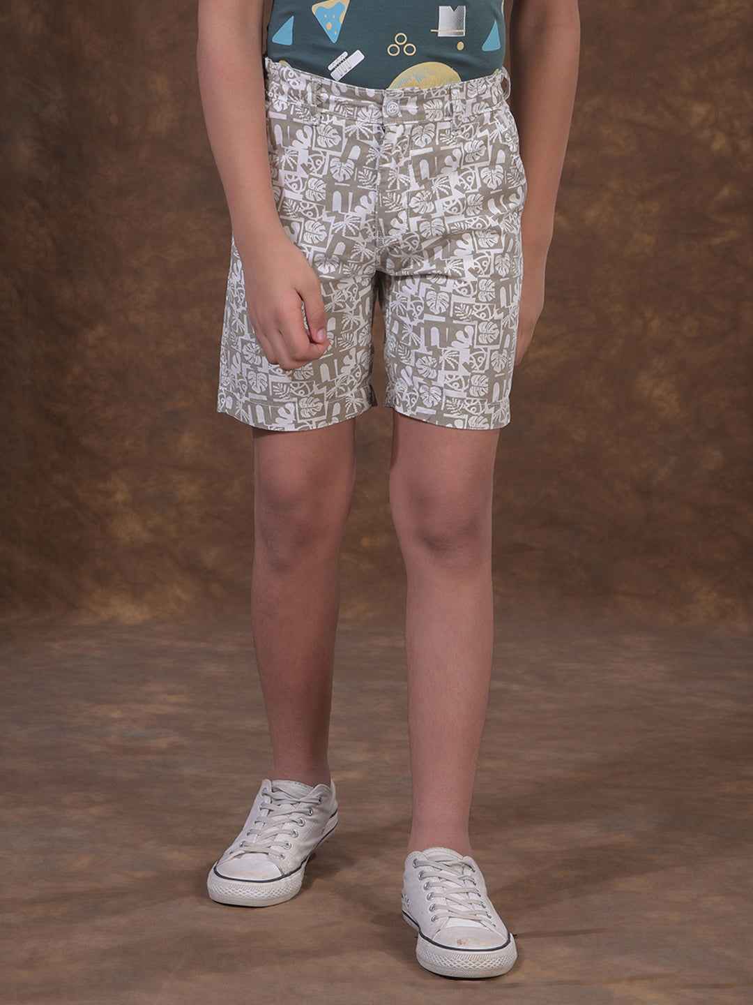 Khaki Printed 100% Cotton Shorts