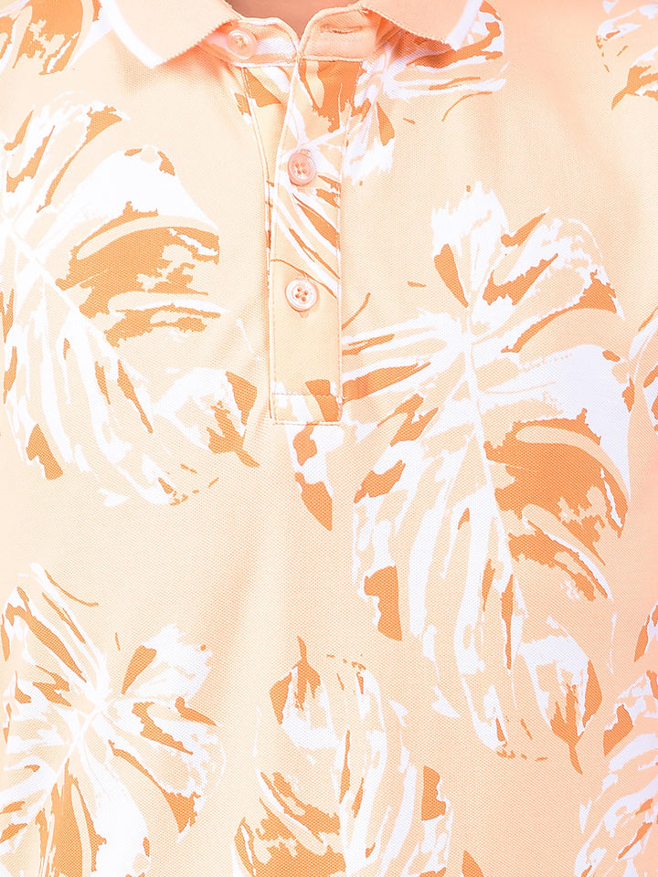 Peach Floral Print Polo Neck T-Shirt