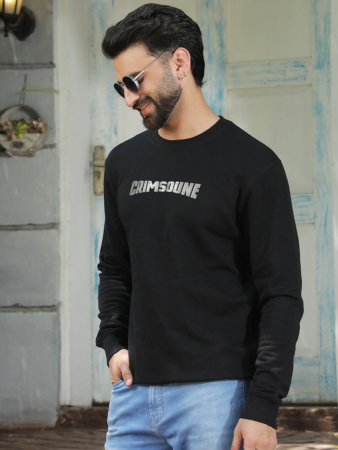 Structured Onyx Black Typographic Sweatshirt