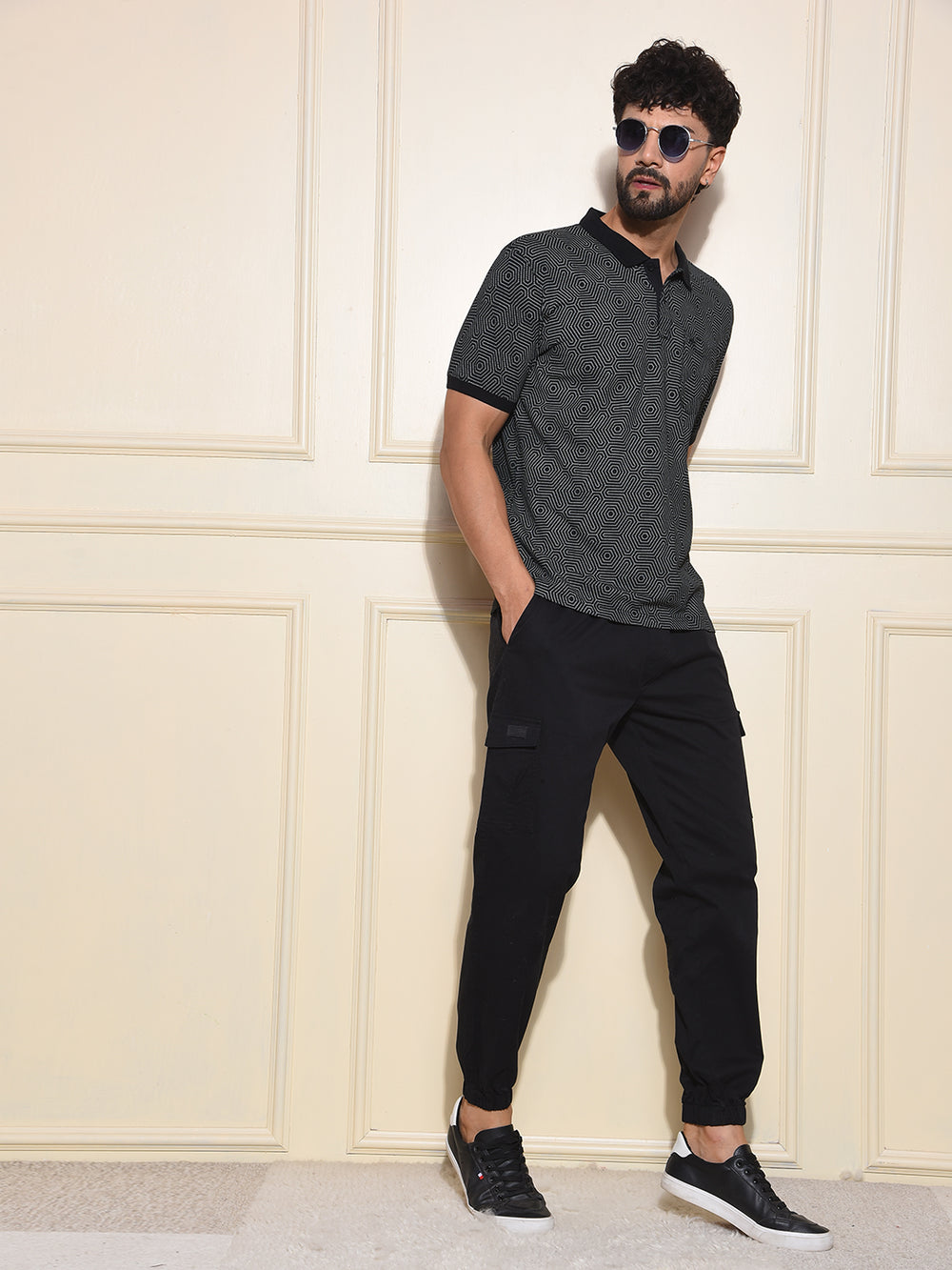 Black Printed Polo-Neck T-Shirt