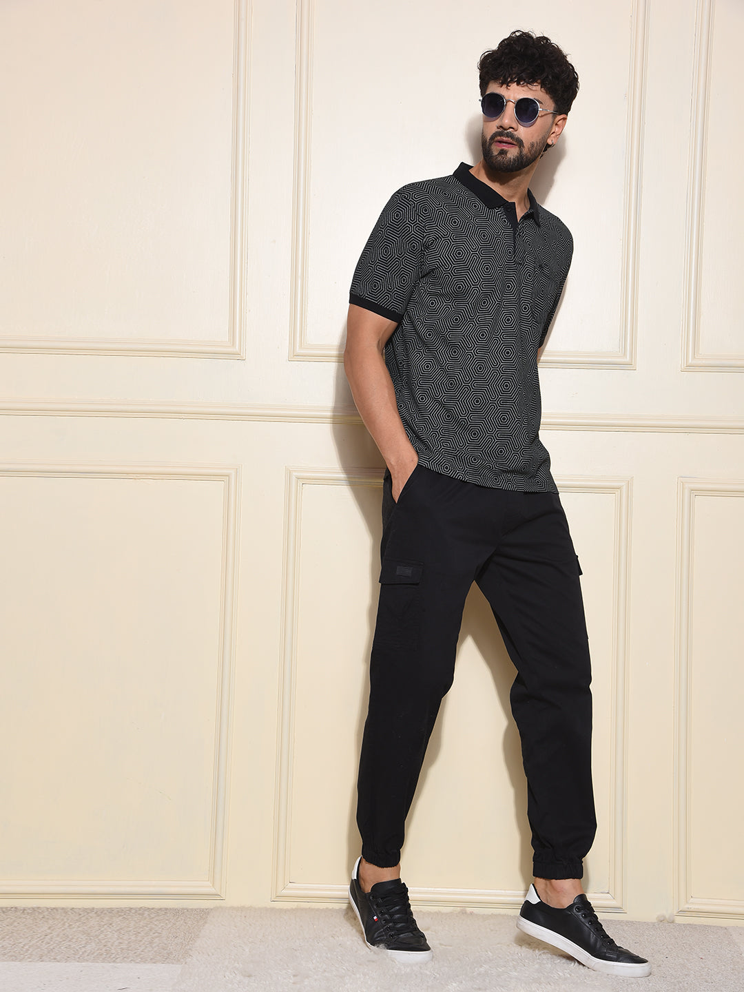 Black Printed Polo-Neck T-Shirt