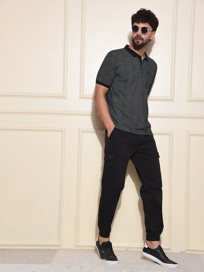 Black Printed Polo-Neck T-Shirt