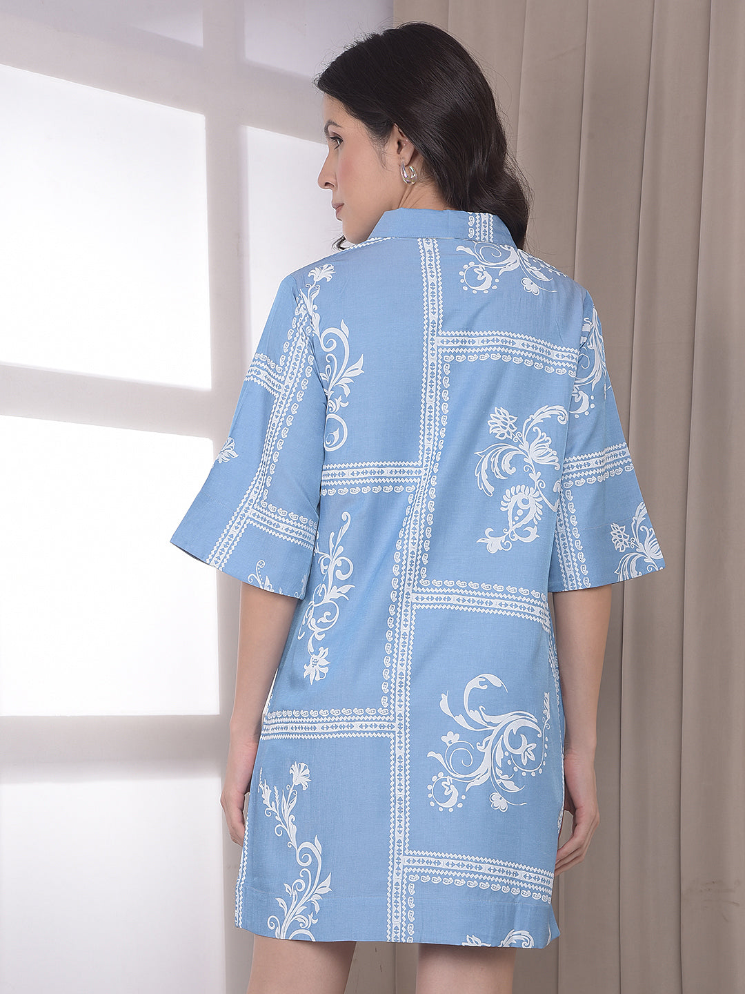 Blue Botanical Print Mini Shirt-Dress