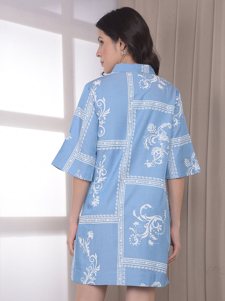 Blue Botanical Print Mini Shirt-Dress