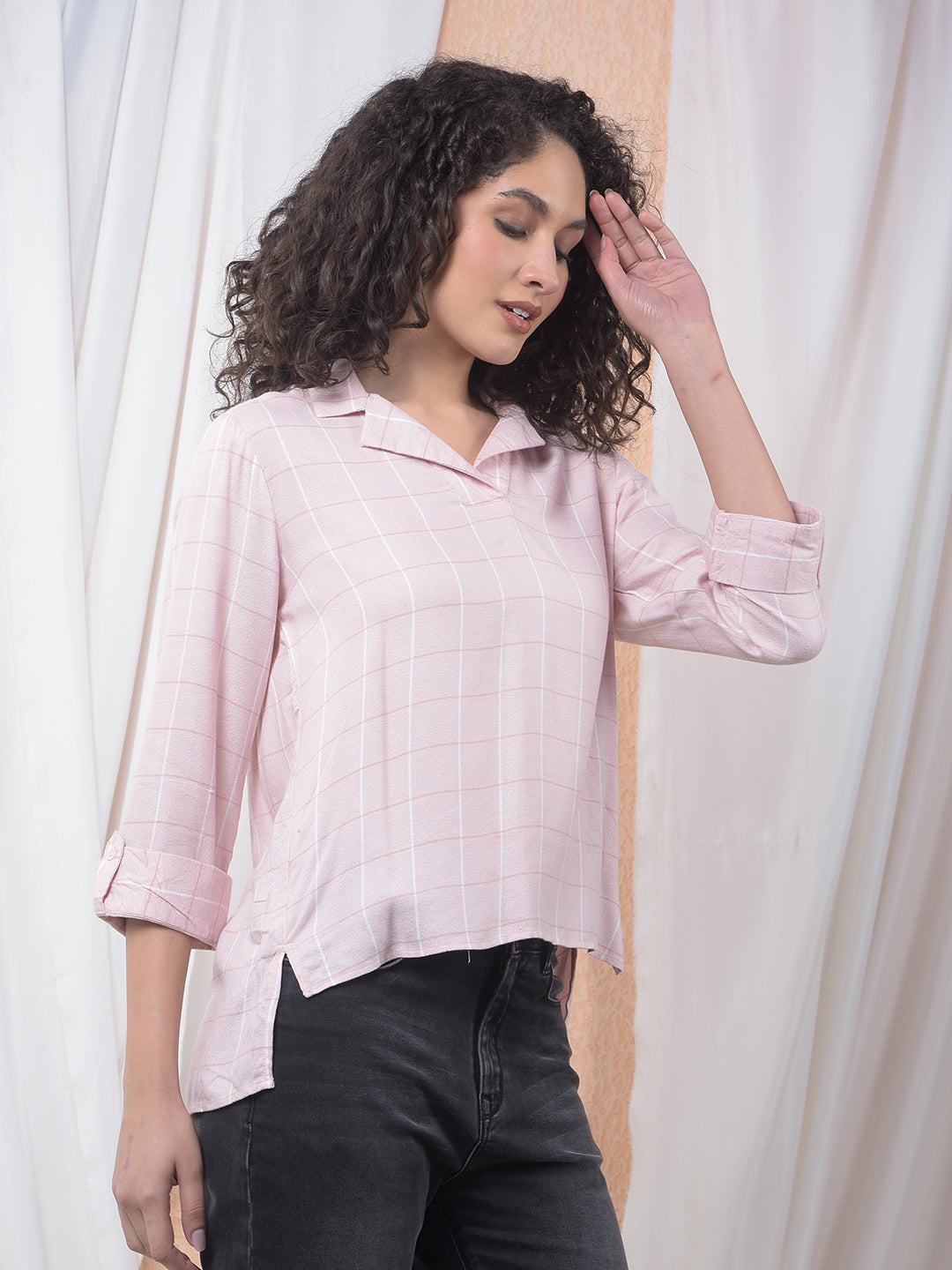 Peach Checked Resort-Collar Top