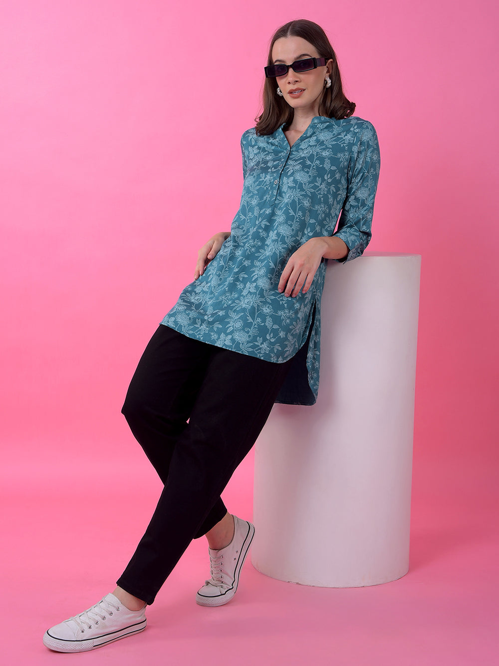 Blue Floral Print V-Neck Top