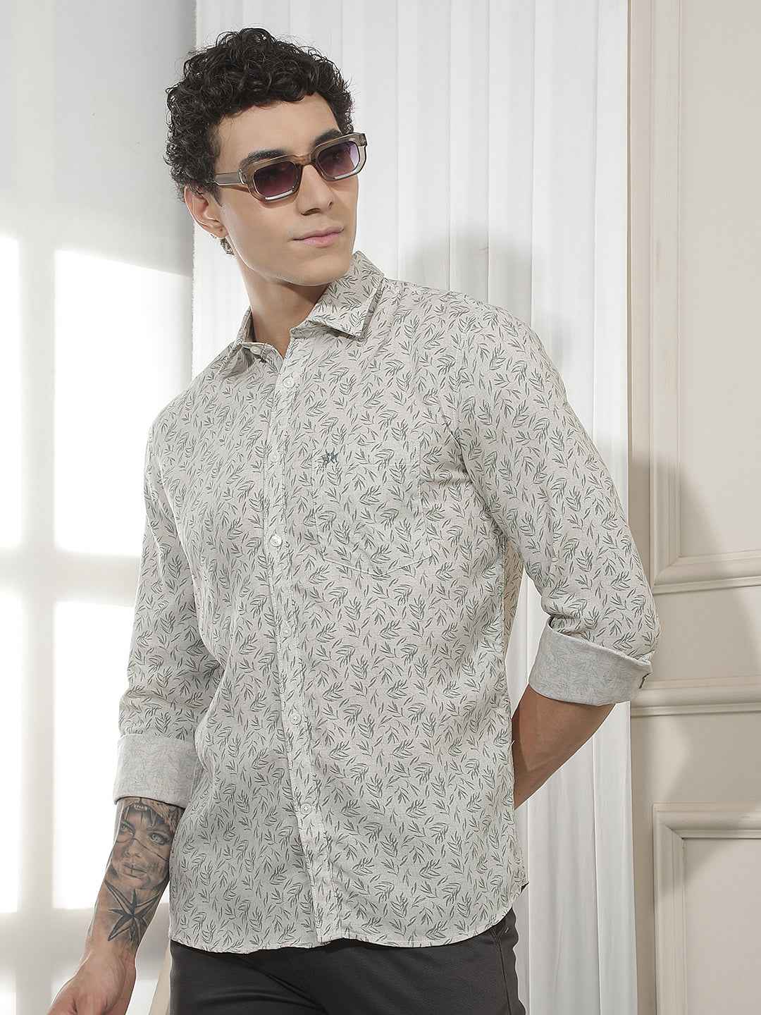 Green Botanical Print Linen Shirt