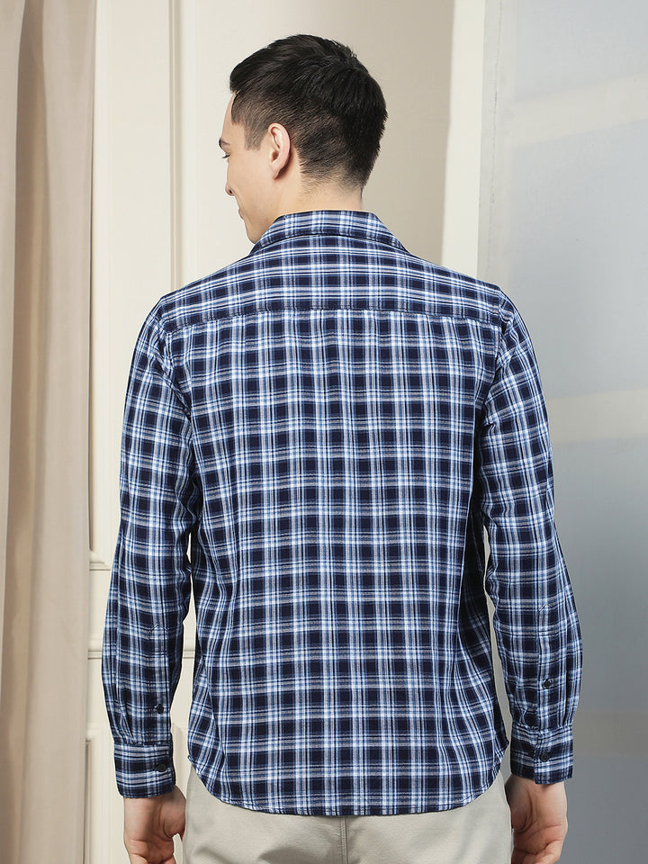 Navy Blue 100% Cotton Checked Shirt