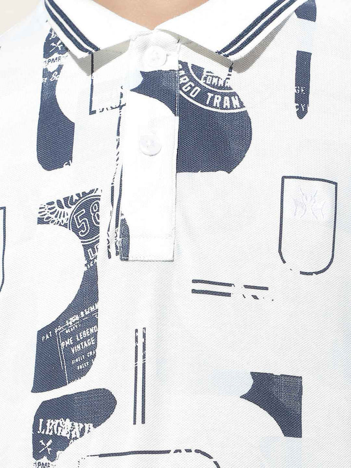 Blue Graphic Print Polo Neck T-Shirt