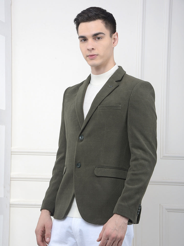 Olive Jacquard Notched Lapel Single-Breasted Blazer